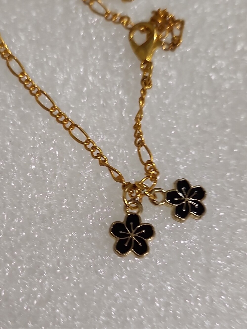 Hand Crafted Gold Tone Bracelet / Anklet with Black Flower Charms